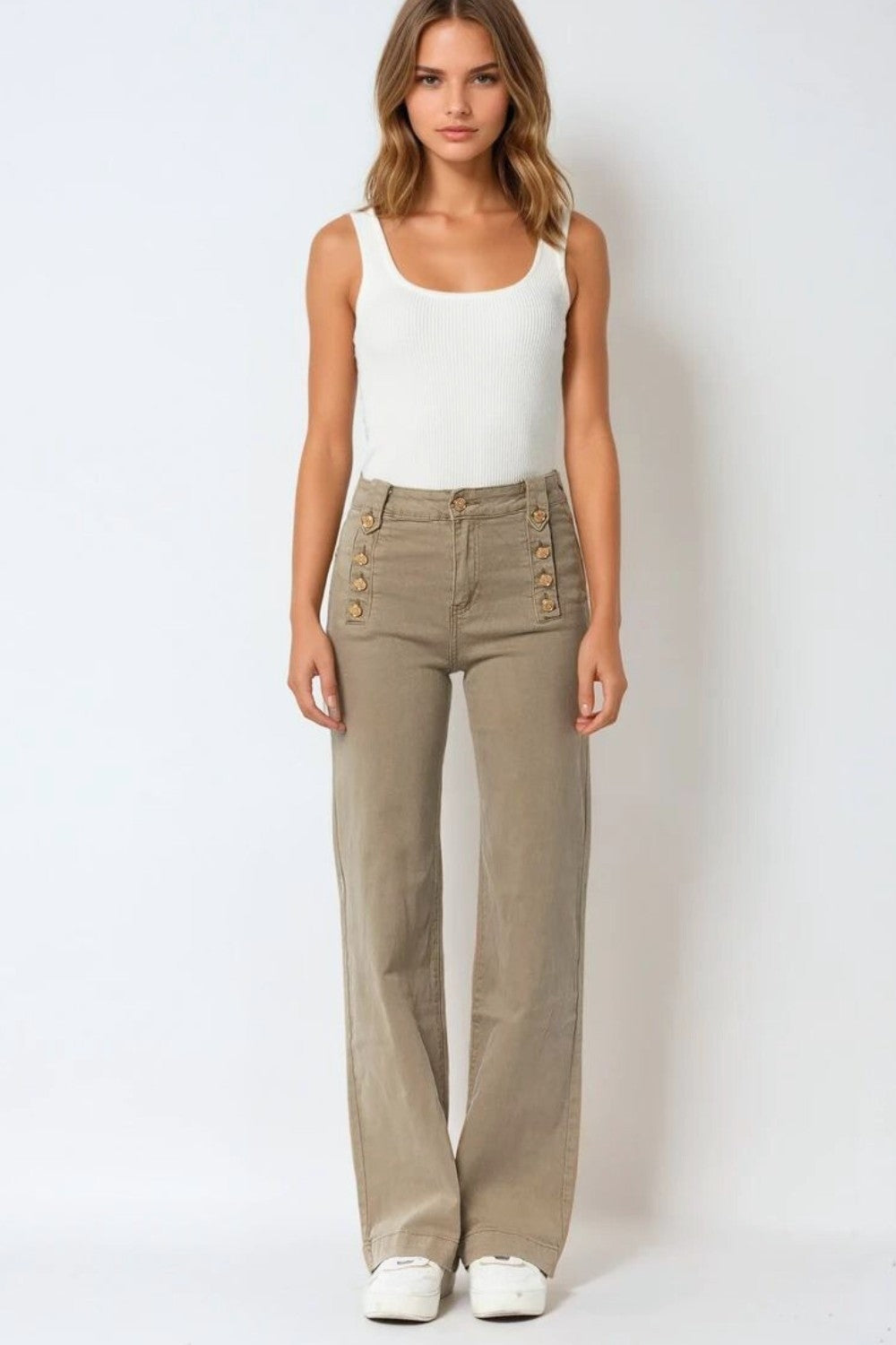 Jeans dritti con bottoni dorati laterali in beige