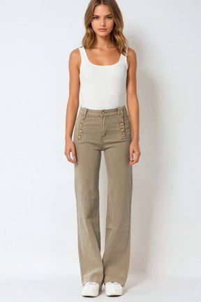 Jeans dritti con bottoni dorati laterali in beige