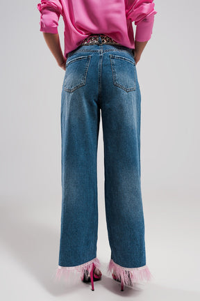 Jeans dritti con fondo in piume ROSA sintetiche