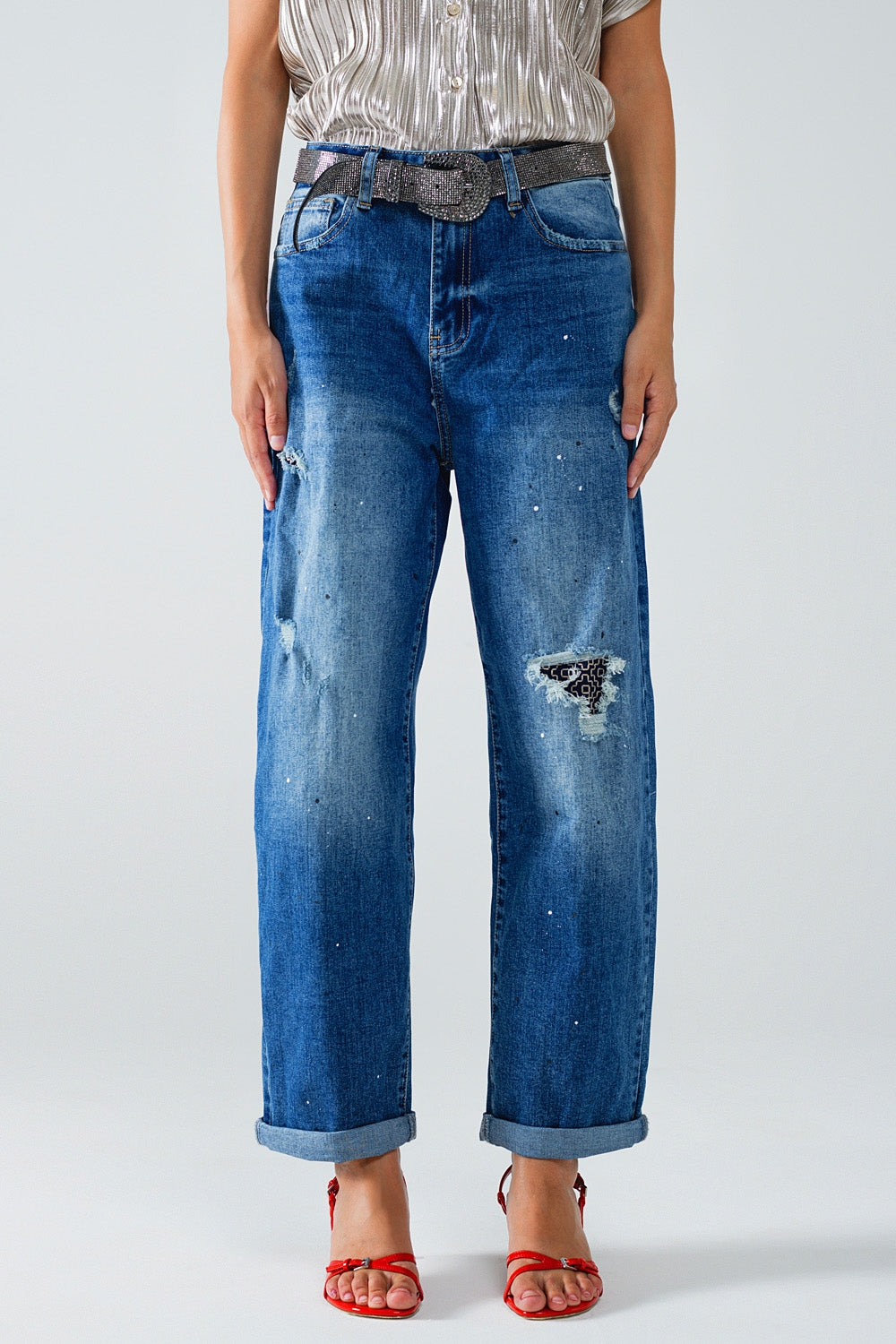 Q2 Jeans dritti con macchie di vernice