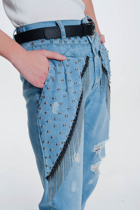 jeans dritti strappati vintage con borchie