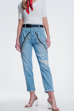 jeans dritti strappati vintage con borchie