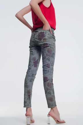 jeans kaki boyfriend con stampa floreale