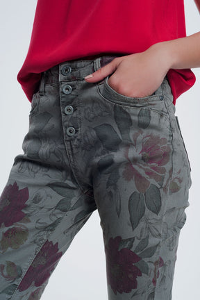 jeans kaki boyfriend con stampa floreale