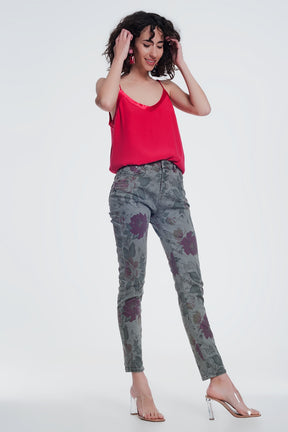 jeans kaki boyfriend con stampa floreale