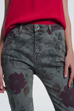 jeans kaki boyfriend con stampa floreale