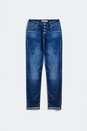 Q2 Jeans lavaggio blu scuro con cuciture decorative