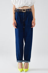 Q2 Jeans Mom blu raw con dettaglio pinces