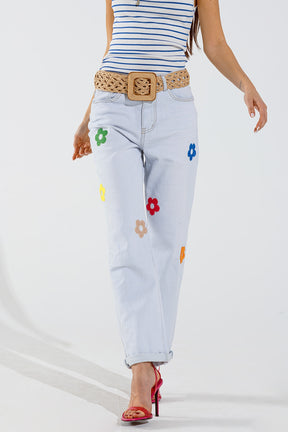 Jeans rilassati sbiancati con disegno floreale multicolore