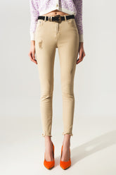 Q2 Jeans skinny a vita alta beige