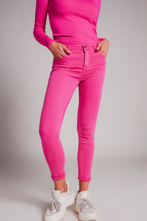 Q2 Jeans skinny a vita alta in fucsia