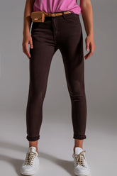 Q2 Jeans skinny a vita alta in marrone