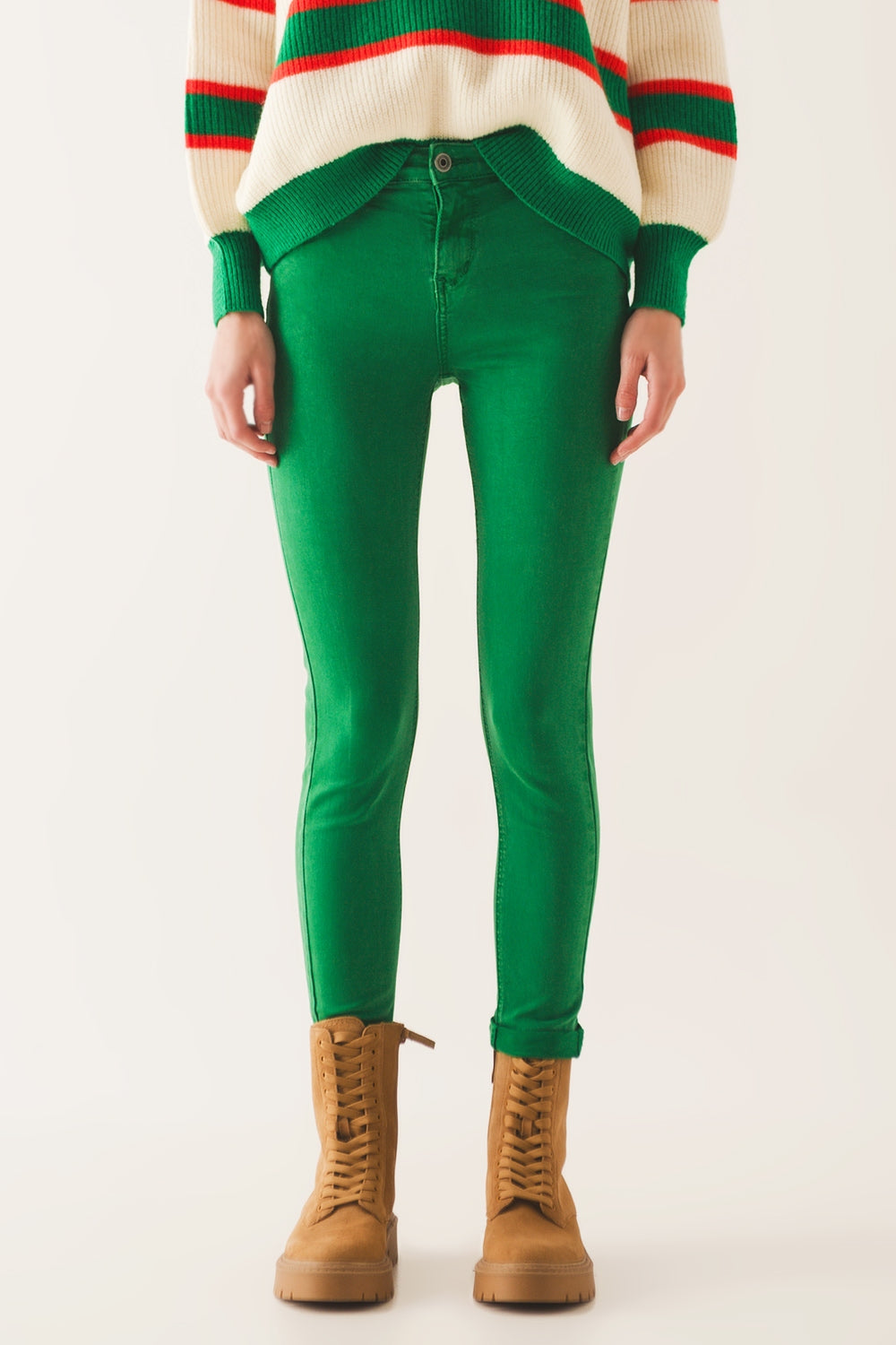 Q2 Jeans skinny a vita alta in verde