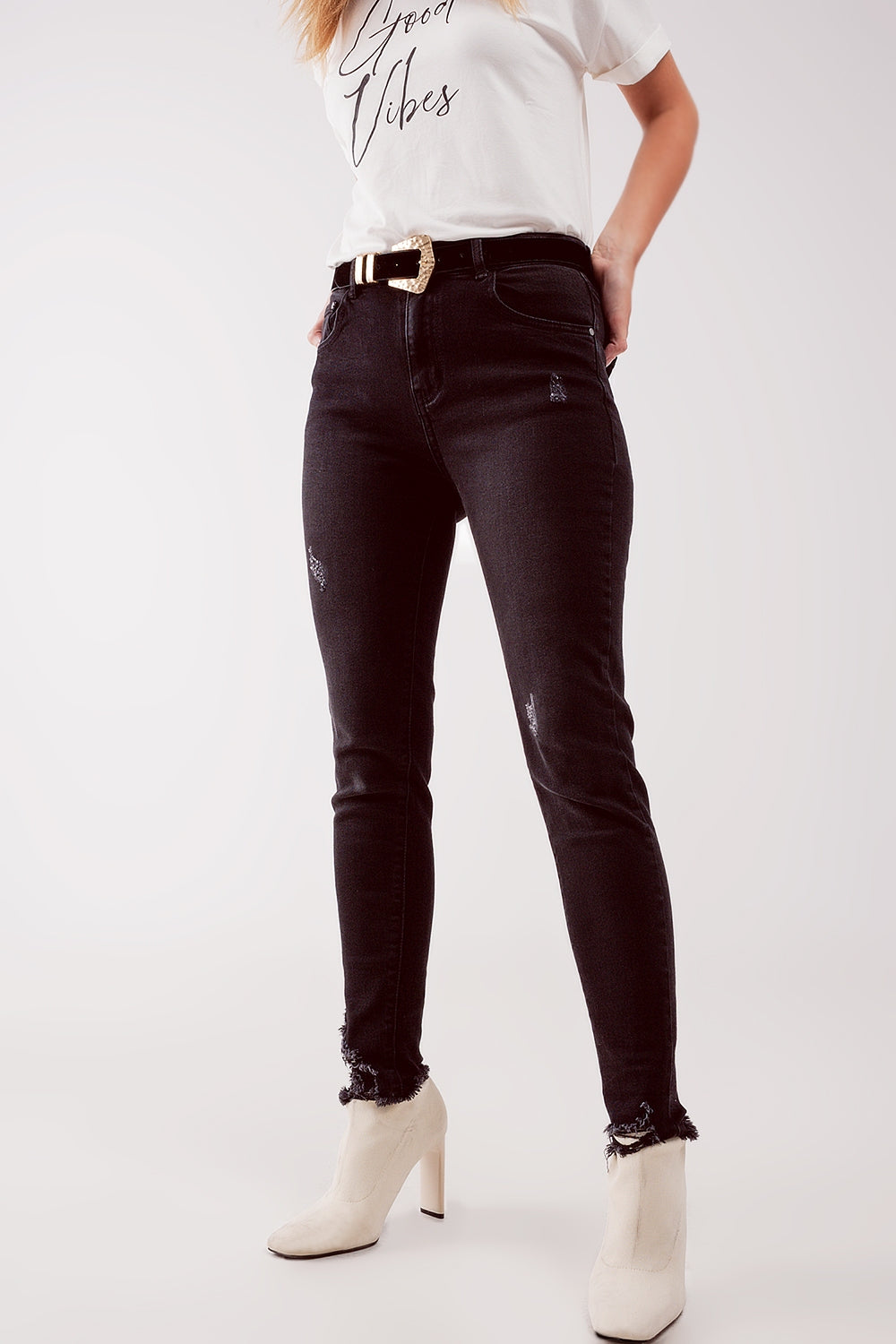 Q2 Jeans skinny a vita alta neri con strappi