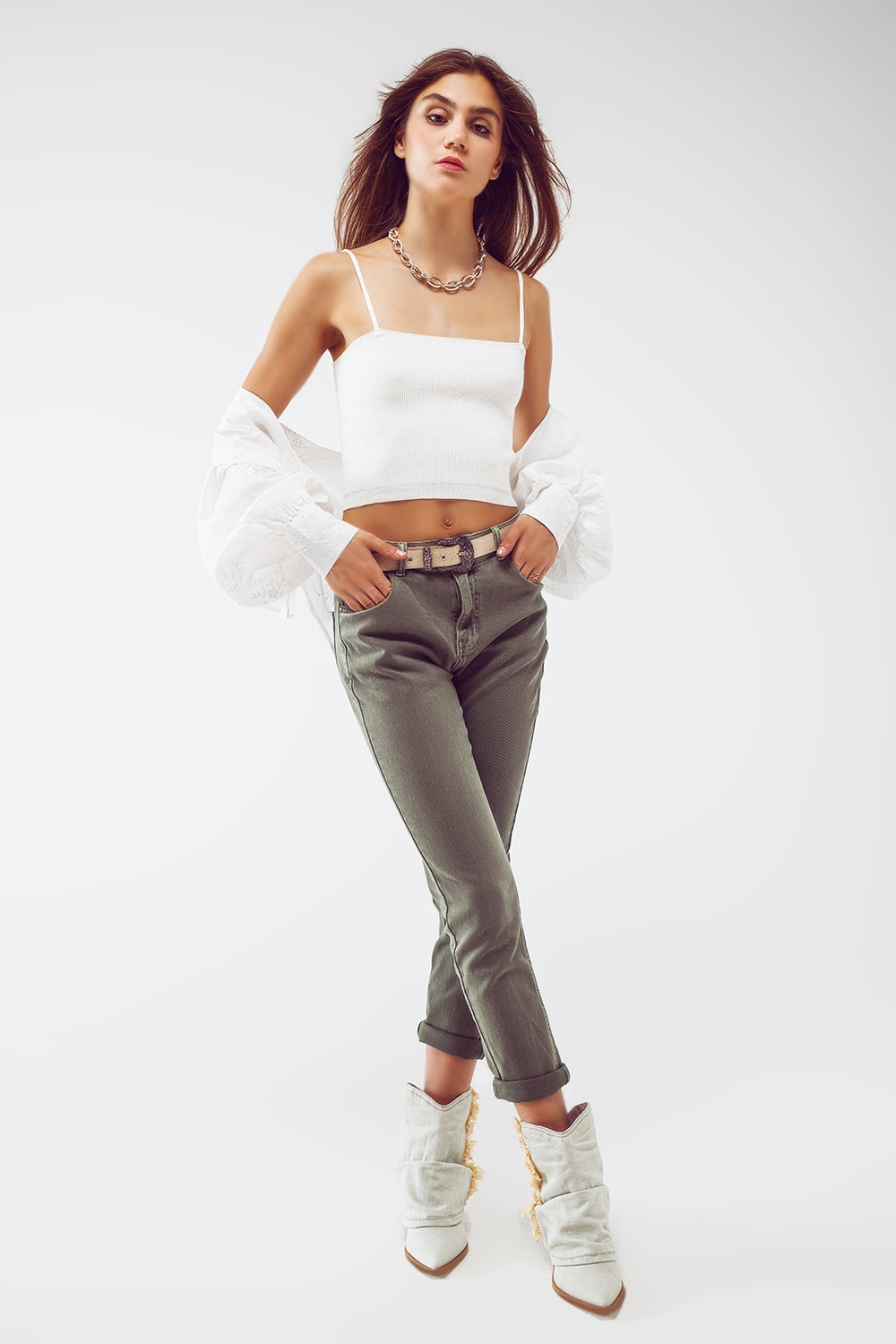 Jeans skinny basic in verde militare