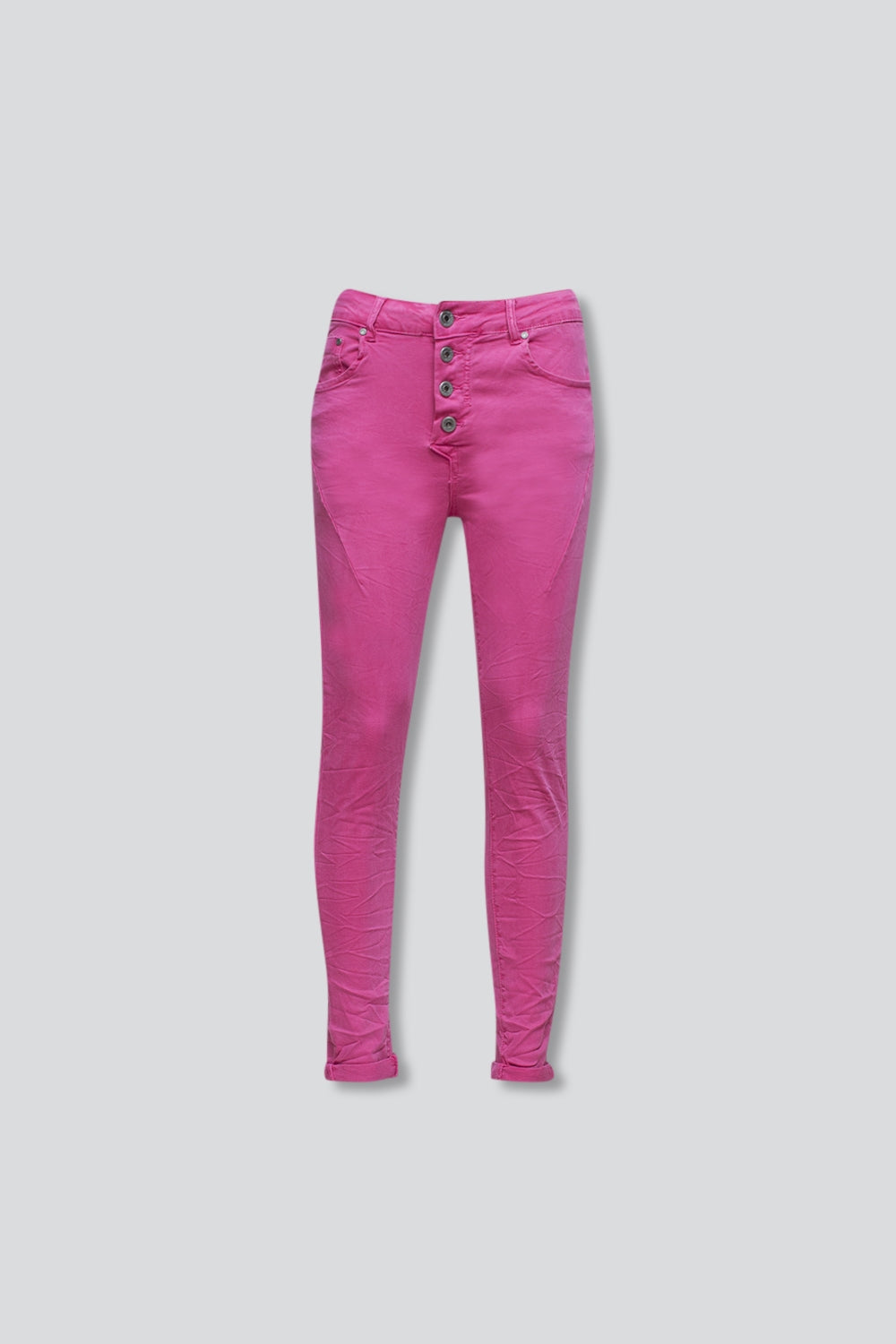 Jeans skinny con bottoni a vista e lavaggio fucsia