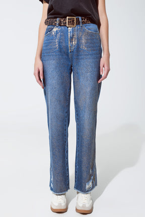 Q2 Jeans strappati a gamba dritta con bagliori metallici dorati