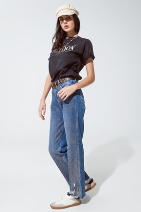 Jeans strappati a gamba dritta con bagliori metallici dorati
