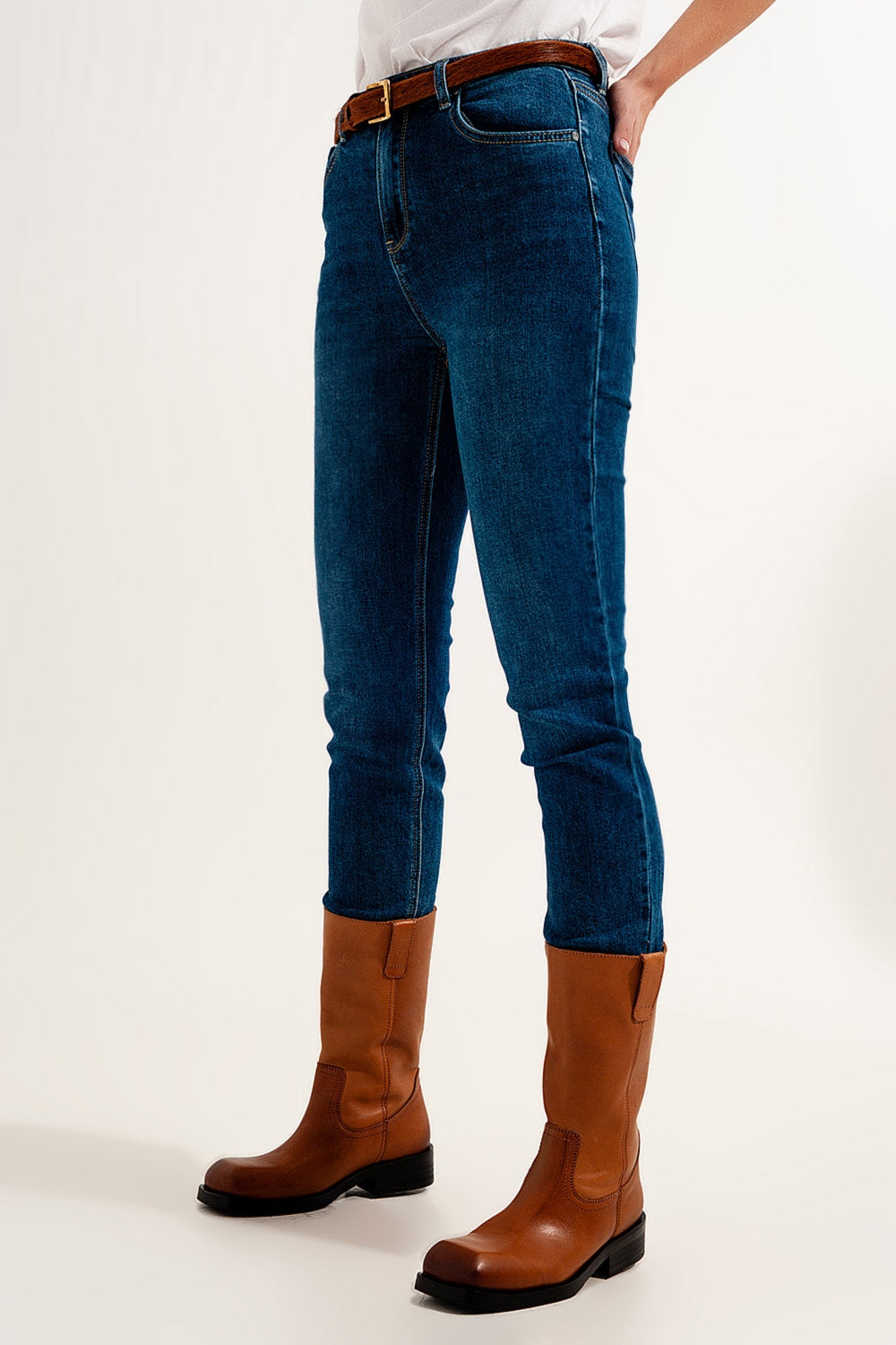 jeans super skinny a vita alta in blu scuro con elastico di alta qualità