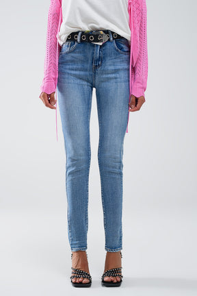 Q2 Jeans super skinny a vita alta in blu stonewash vintage