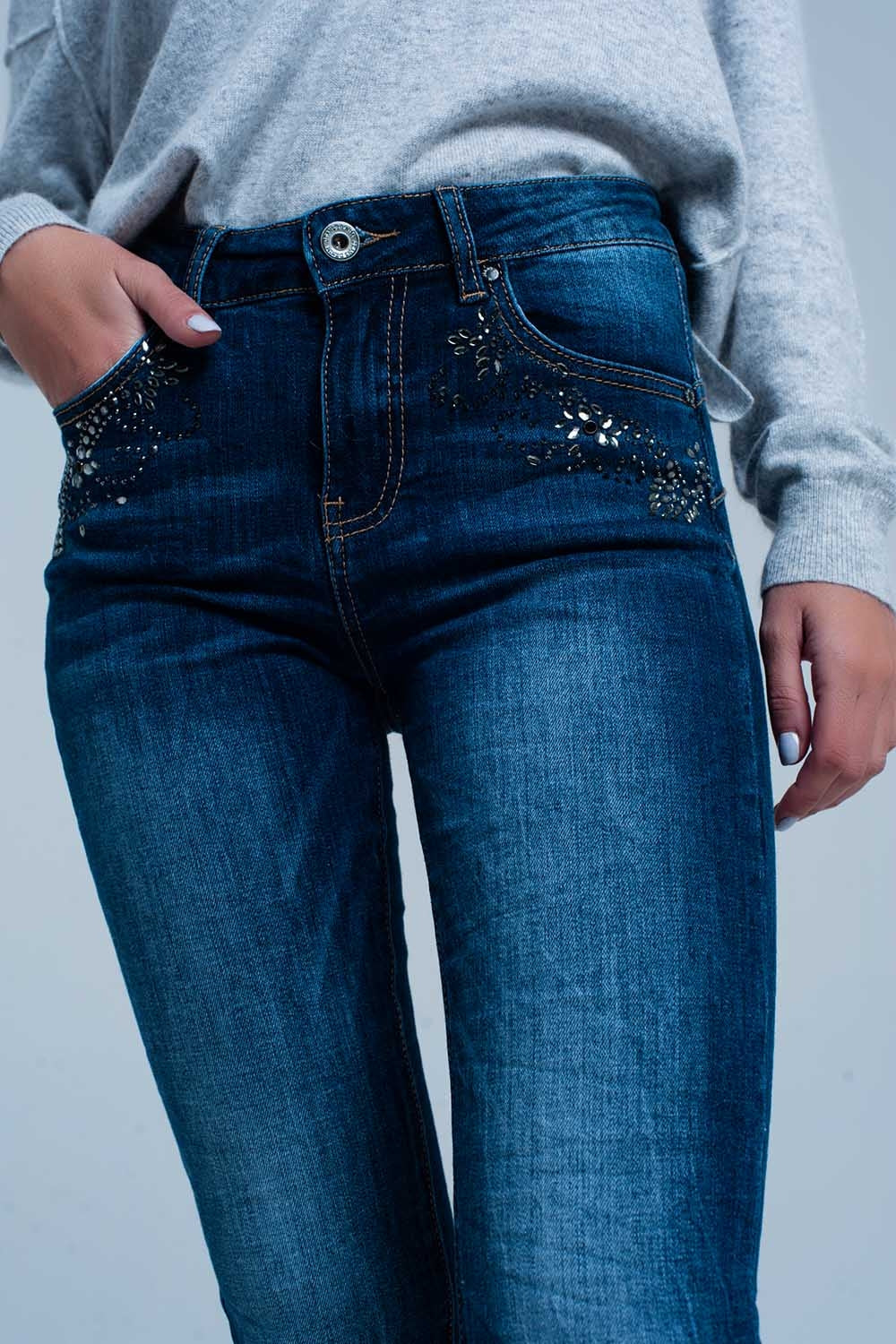 Jeans vita alta lavato oscuro con dettagli in strass