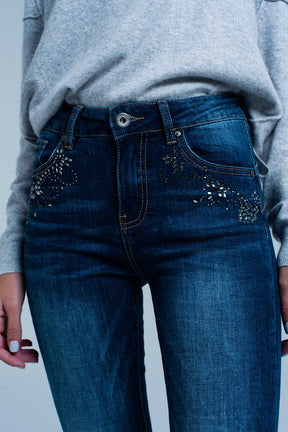 Jeans vita alta lavato oscuro con dettagli in strass