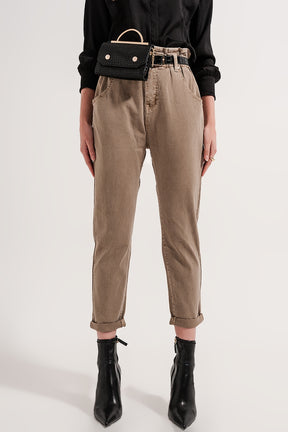 Jeans vita elasticizzata paperbag beige mocha mousse