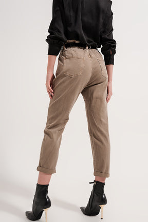 Jeans vita elasticizzata paperbag beige mocha mousse