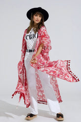 Q2 Kimono lungo rosso con chiusura a coulisse con stampa tribale