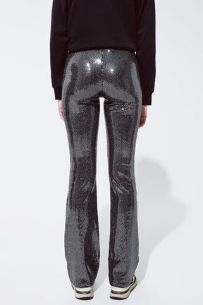 Leggings flare in tessuto metallico color argento