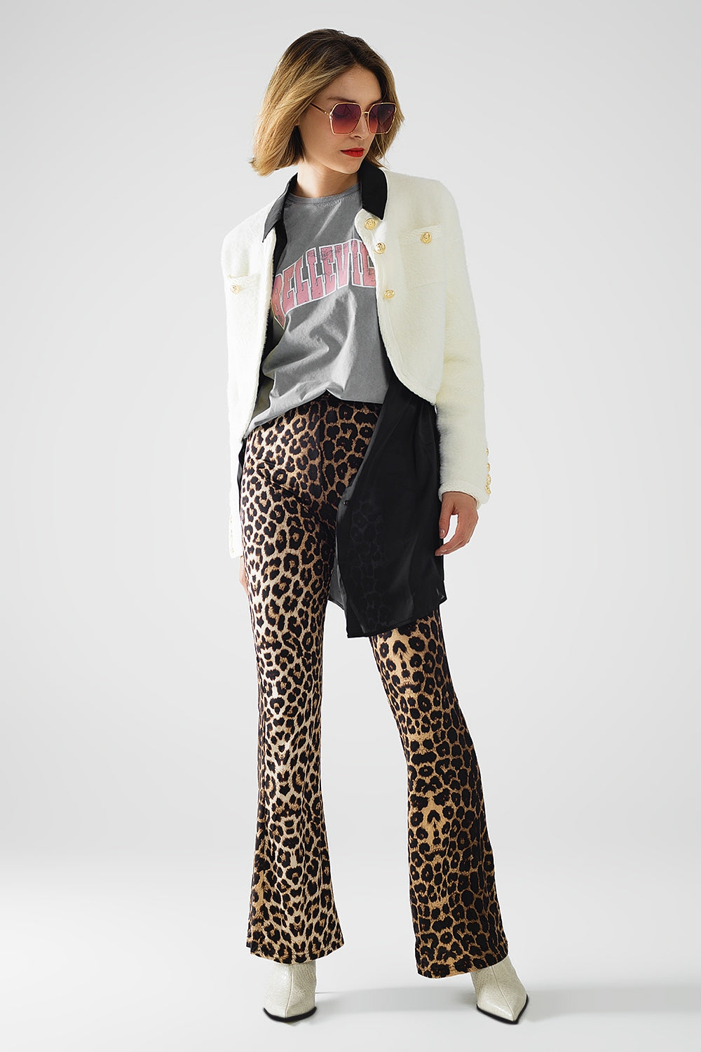 Leggings svasati in elastan con stampa leopardata