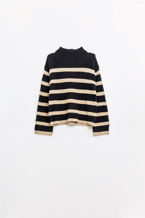 Maglia a coste nera con righe cammello