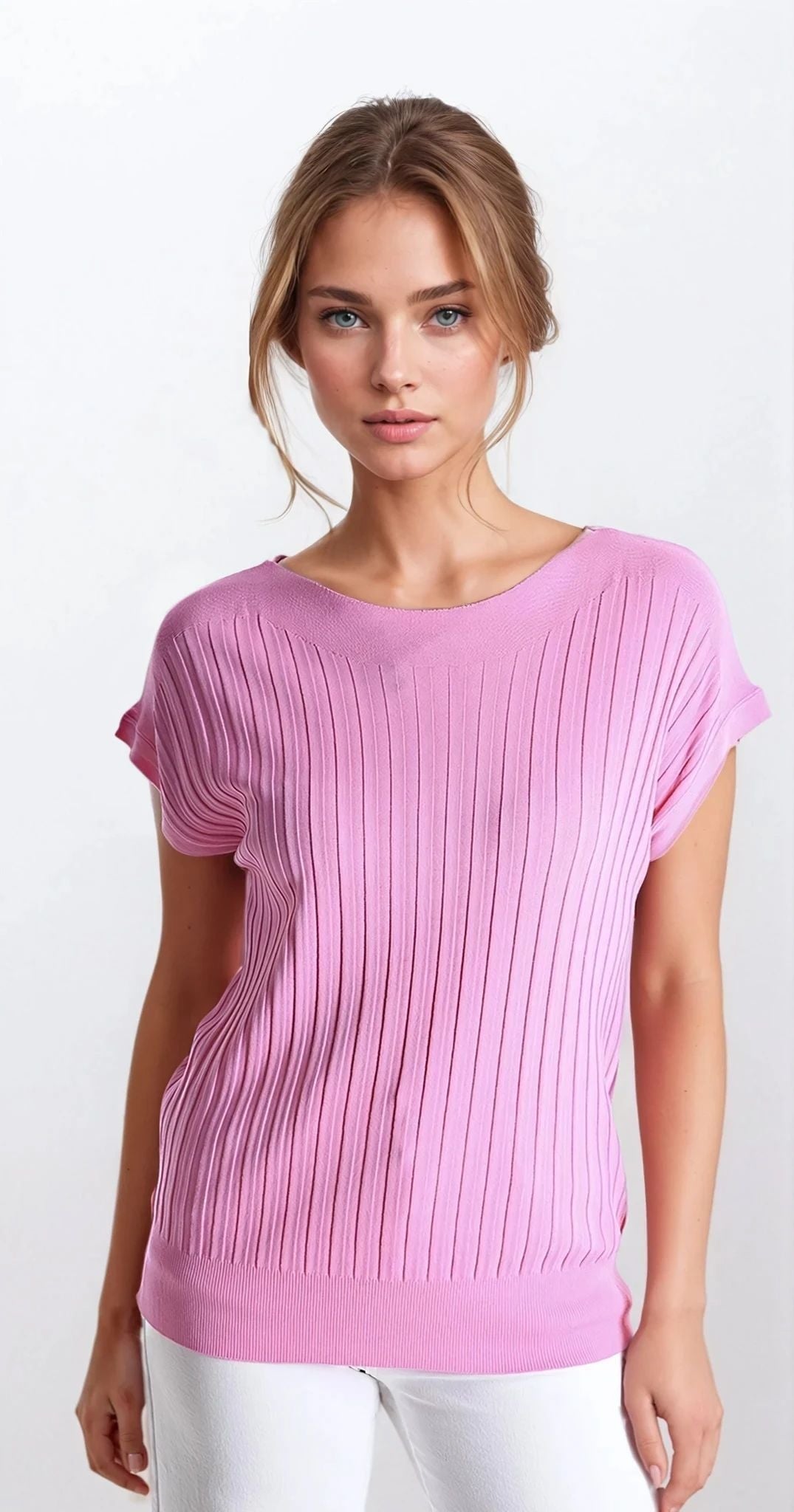 Q2 Maglia a coste sottili Fucshia con collo a barca
