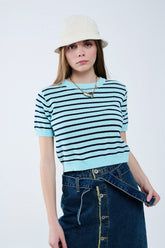 Q2 Maglia corta verde menta con strisce blu scuro