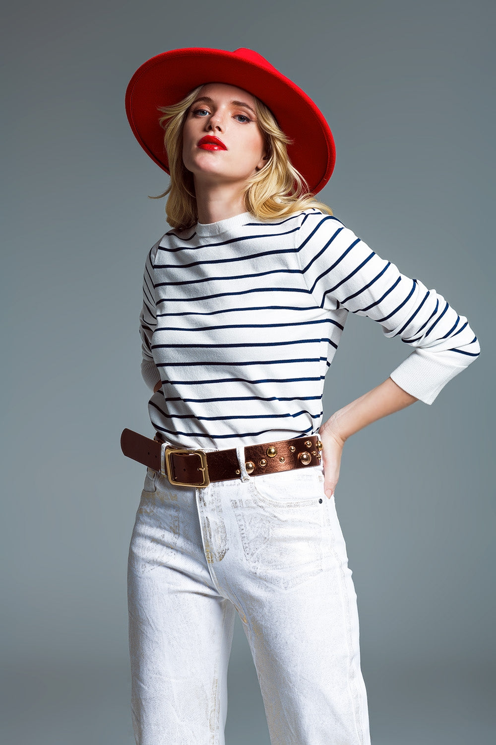 Q2 Maglia girocollo a righe navy