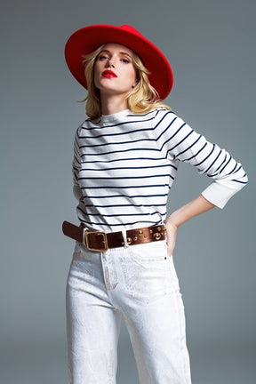 Q2 Maglia girocollo a righe navy