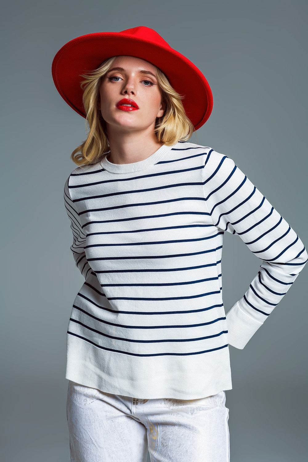 Maglia girocollo a righe navy