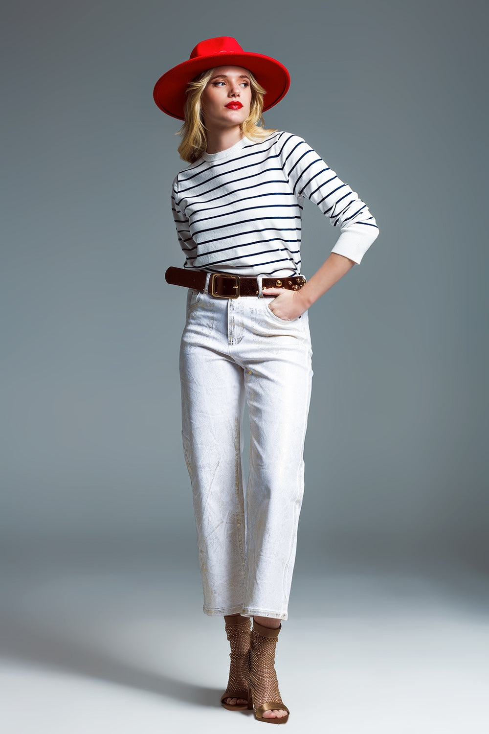 Maglia girocollo a righe navy