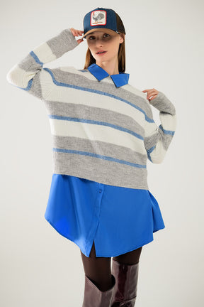 Maglia grigia con strisce ecru e blu