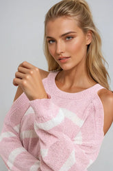 Q2 Maglia Heather con Spalle Scoperte e Righe Orizzontali in Rosa