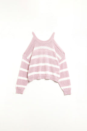 Maglia Heather con Spalle Scoperte e Righe Orizzontali in Rosa