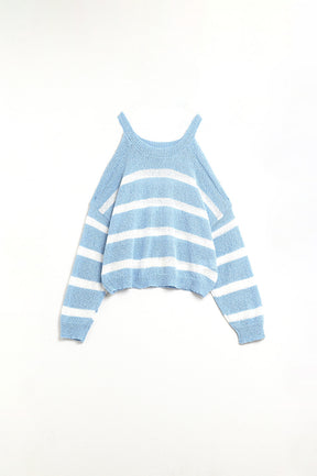Maglia Heather con Spalle Scoperte e Strisce Orizzontali in Blu