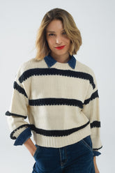 Q2 Maglia rilassata beige a righe nere
