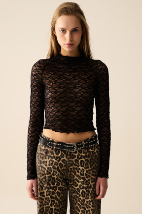 Maglietta corta in pizzo nero con maniche lunghe