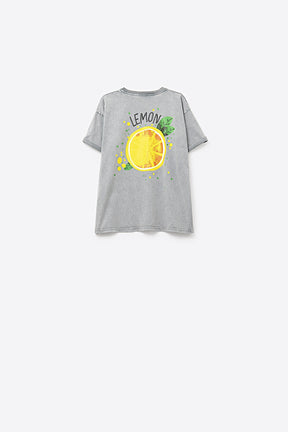 Maglietta grigia lavata con grafica di limone Made in Italy