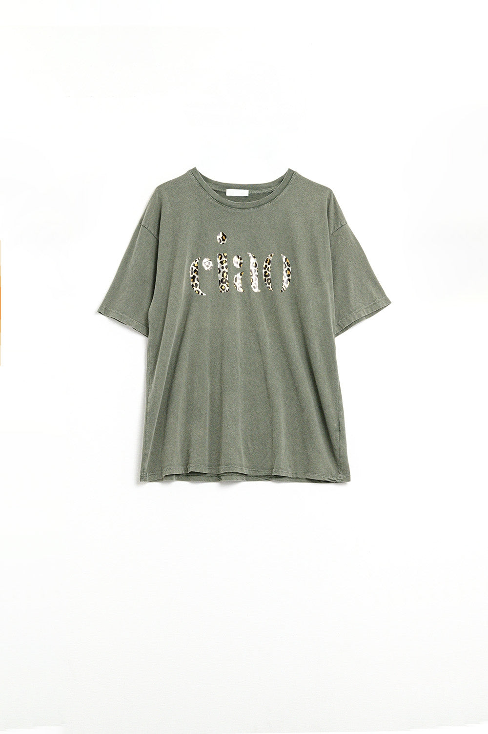 Q2 Maglietta khaki rilassata con Ciao in stampa leopardata
