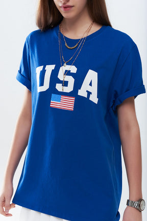 Q2 Maglietta lunga blu ampia con logo USA