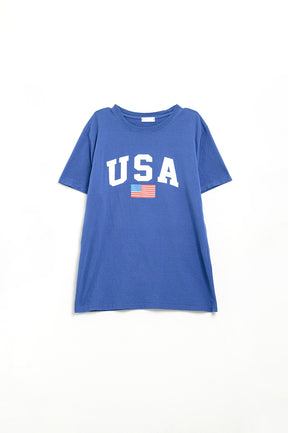 Maglietta lunga blu ampia con logo USA