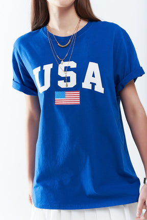 Maglietta lunga blu ampia con logo USA