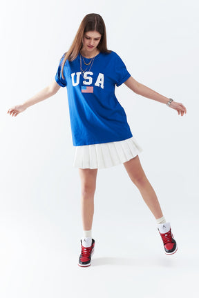 Maglietta lunga blu ampia con logo USA